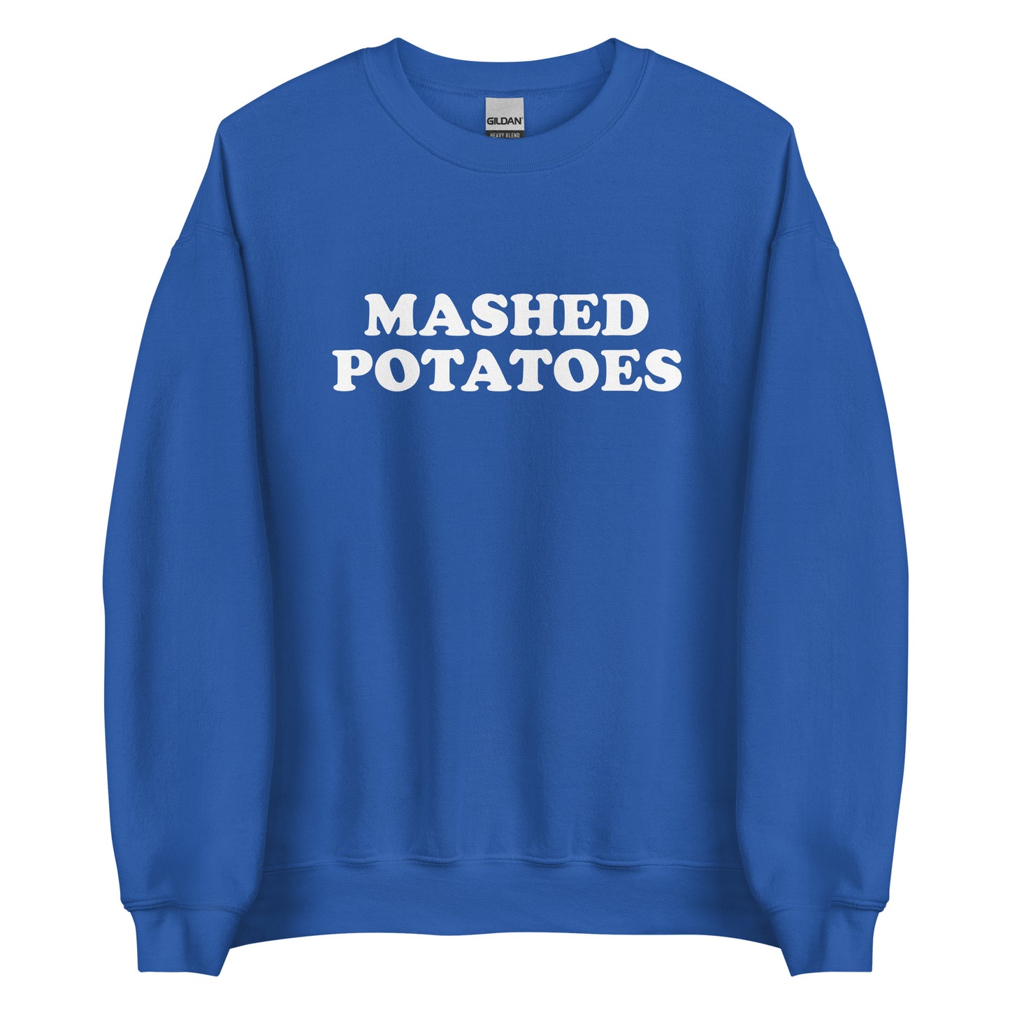 Royal Blue Mashed Potatoes Sweatshirt from Nina's Funky Shop by ninanush - Do you love mashed potatoes? Looking for a funny gift? Our Mashed Potatoes Crew Neck Sweatshirt is soft, comfortable and just what you need. It's a unisex foodie sweatshirt that comes in a variety of colors with "Mashed Potatoes", expertly printed on the front. A perfect funny foodie sweatshirt for cozy nights in or stand out potato lover streetwear, this mashed potato enthusiast sweatshirt is bold and made just for you.