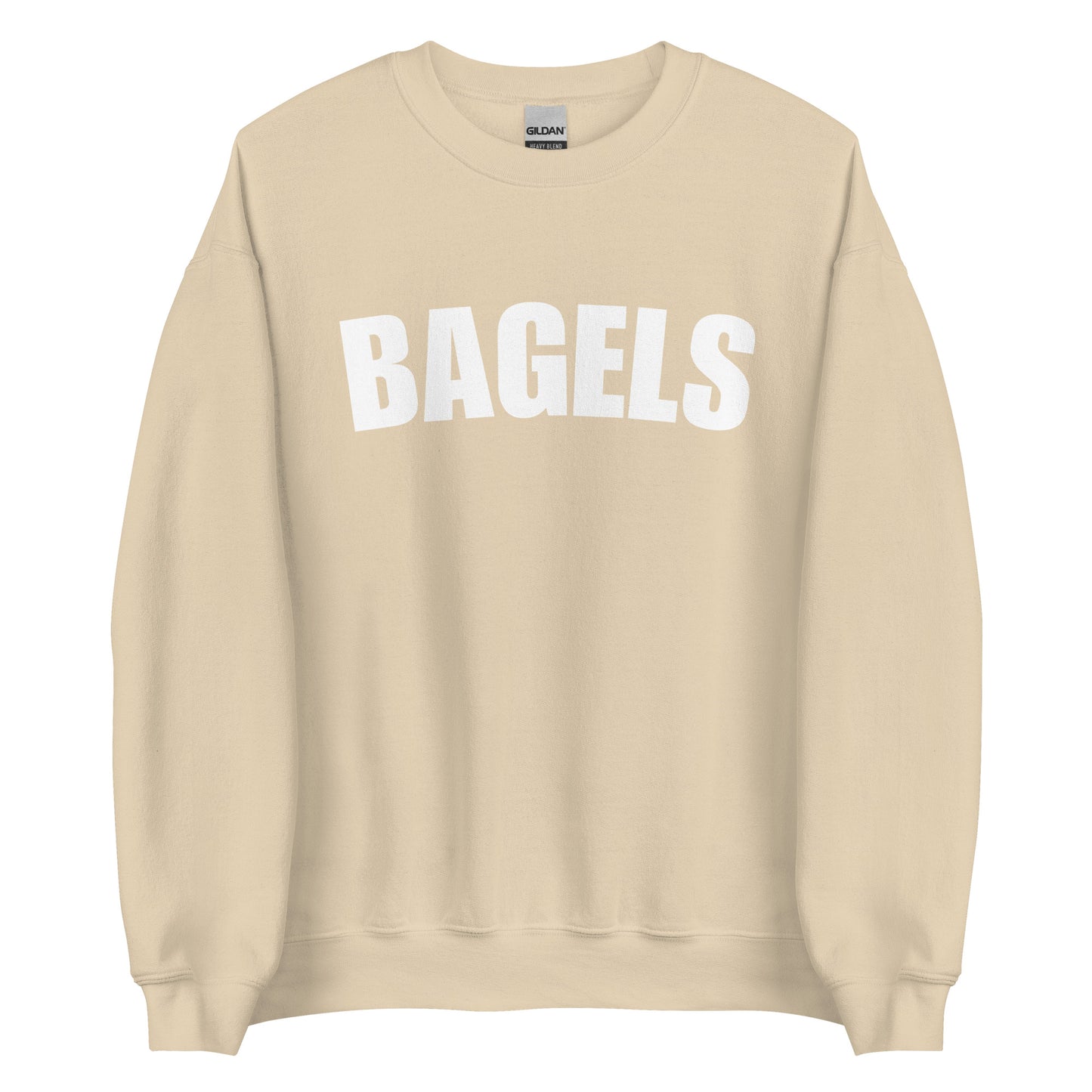 Tan college style bagels sweatshirt from Nina's Funky Shop by ninanush - Our Bagels Sweatshirt is soft, comfortable and a perfect foodie sweatshirt for bagel lovers. It's a unisex, classic crew neck sweatshirt that comes in a variety of colors with the word "Bagel", expertly printed on the front. Perfect for cozy nights in or stand out streetwear for foodies, this sweatshirt is designed by Nina and made just for you.