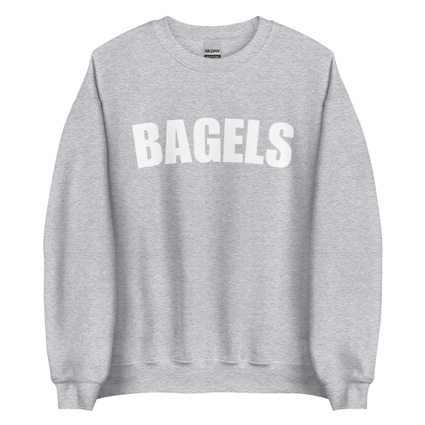 Light gray college style bagels sweatshirt from Nina's Funky Shop by ninanush - Our Bagels Sweatshirt is soft, comfortable and a perfect foodie sweatshirt for bagel lovers. It's a unisex, classic crew neck sweatshirt that comes in a variety of colors with the word "Bagel", expertly printed on the front. Perfect for cozy nights in or stand out streetwear for foodies, this sweatshirt is designed by Nina and made just for you.