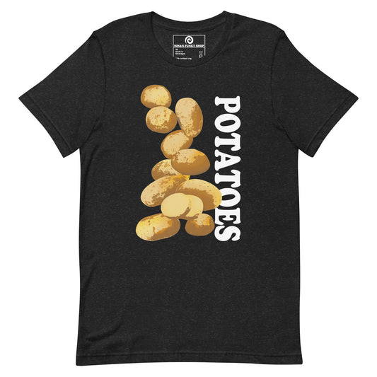 Dark Gray T-shirt with Potatoes Design - This unique potato t-shirt is soft, comfortable and made just for you. It comes in a variety of colors with a hand drawn potato design by Nina, expertly printed on the front. The perfect graphic tee for potato lovers and foodies of all kinds. Looking for something more personalized? Shoot us an email!