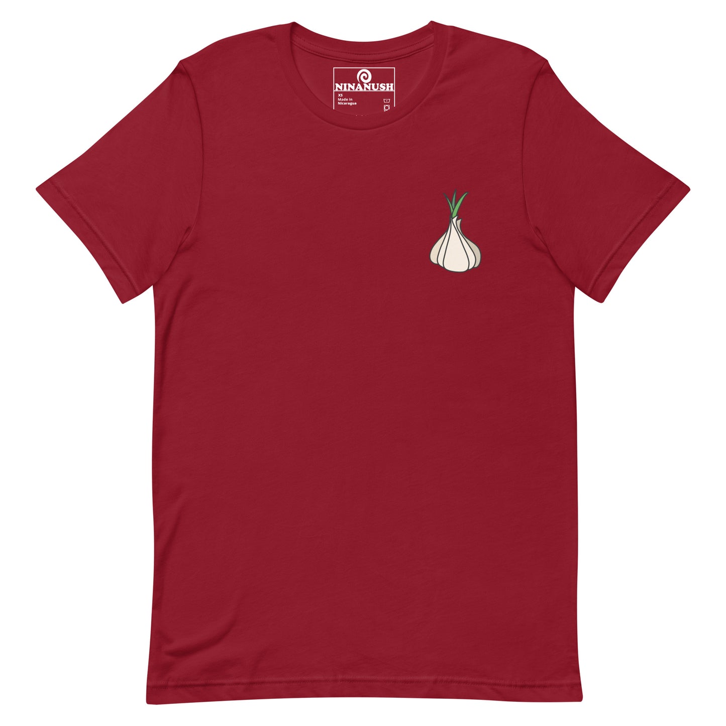 Red garlic t-shirt from Nina's Funky Shop by ninanush - Calling all garlic lovers! This classic cotton tee comes in a variety of colors with a head of garlic expertly printed on the front. It's a unique garlic lover graphic tee that stands out and makes the perfect funky shirt for garlic enthusiasts. Eat garlic in style and make a statement in our funny foodie clothing and accessories.