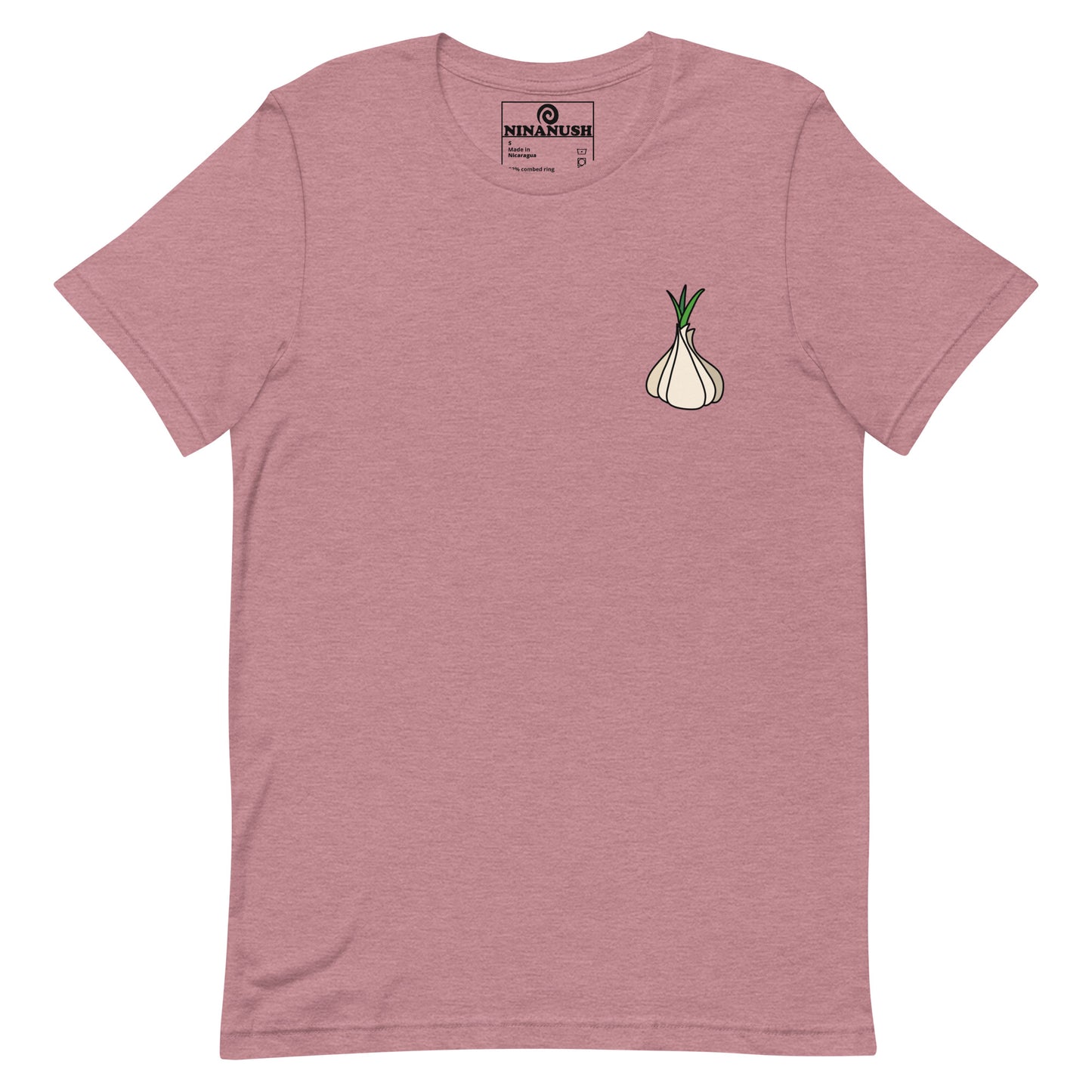 Purple garlic t-shirt from Nina's Funky Shop by ninanush - Calling all garlic lovers! This classic cotton tee comes in a variety of colors with a head of garlic expertly printed on the front. It's a unique garlic lover graphic tee that stands out and makes the perfect funky shirt for garlic enthusiasts. Eat garlic in style and make a statement in our funny foodie clothing and accessories.