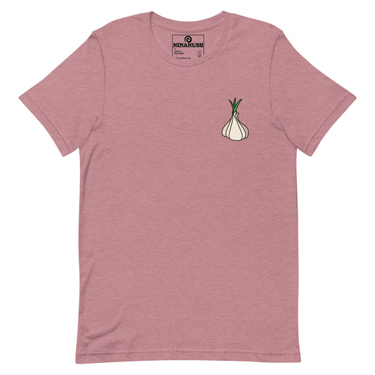 Purple garlic t-shirt from Nina's Funky Shop by ninanush - Calling all garlic lovers! This classic cotton tee comes in a variety of colors with a head of garlic expertly printed on the front. It's a unique garlic lover graphic tee that stands out and makes the perfect funky shirt for garlic enthusiasts. Eat garlic in style and make a statement in our funny foodie clothing and accessories.