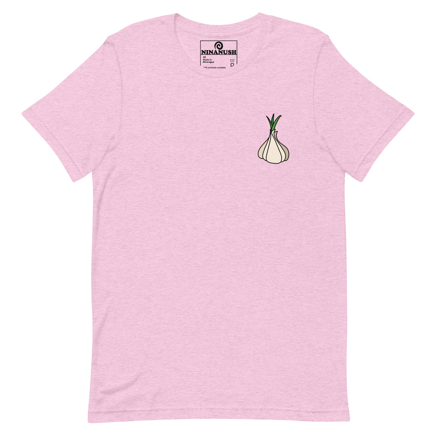 Purple garlic t-shirt from Nina's Funky Shop by ninanush - Calling all garlic lovers! This classic cotton tee comes in a variety of colors with a head of garlic expertly printed on the front. It's a unique garlic lover graphic tee that stands out and makes the perfect funky shirt for garlic enthusiasts. Eat garlic in style and make a statement in our funny foodie clothing and accessories.
