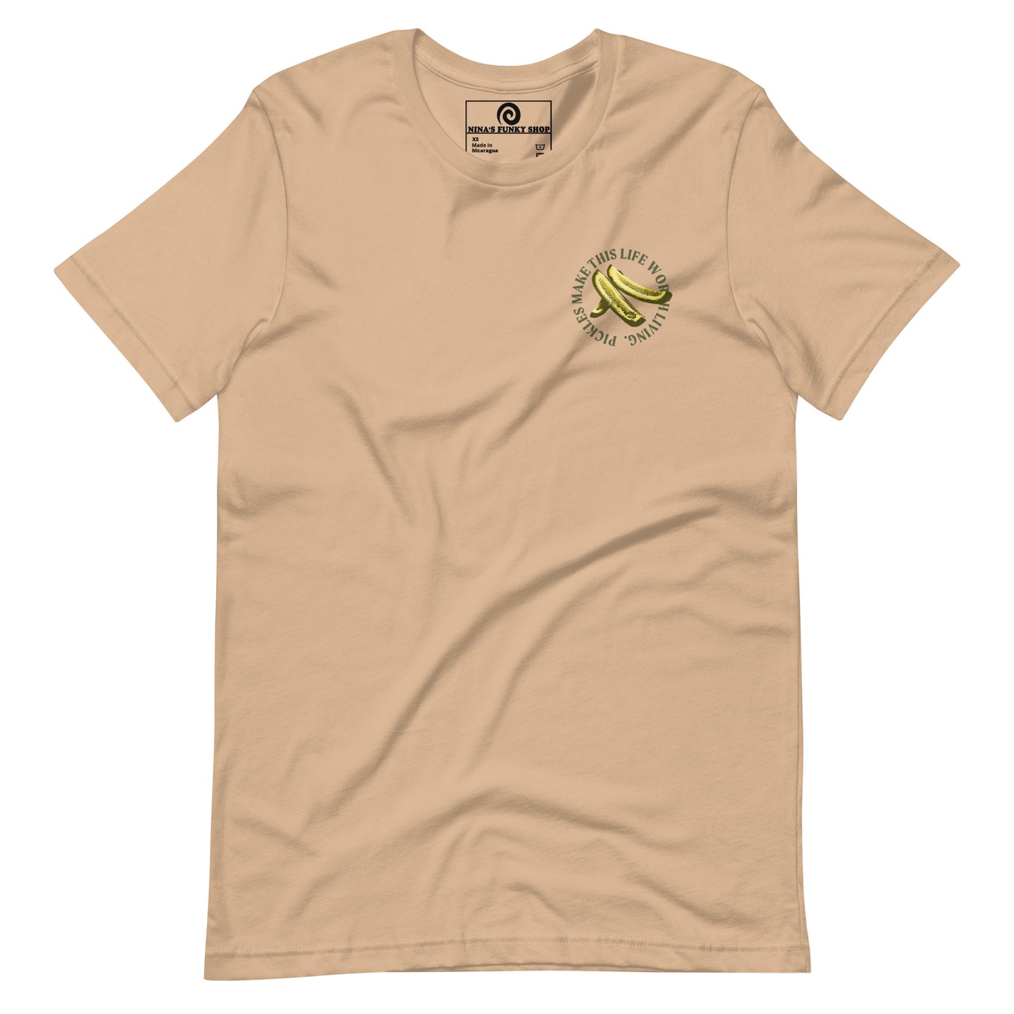 Tan Pickles T-shirt - What makes your life worth living? If the answer is pickles...this funky pickles t-shirt is just what you need! Our Pickles Make This Life Worth Living T-shirt is soft, comfortable and comes in a variety of colors with a unique pickle design, expertly printed on the front and back. A funny foodie t-shirt for pickles lovers and foodies of all kinds.