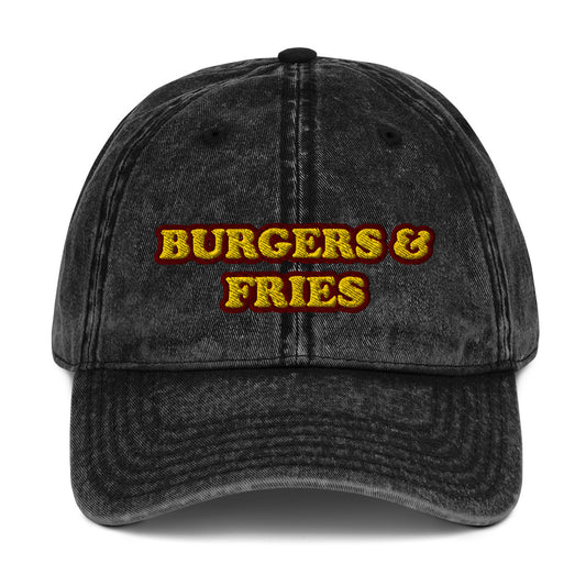 Black burger and fries dad hat - The burgers & fries dad hat for burger lovers and foodies. It's a funny food hat to show off your love of veggies burgers, burgers of all kinds and the perfect gift for fast food enthusiasts. Wear it as a unique statement hat for everyday street wear or give it as a funny gift for foodies or your favorite burger lover. 