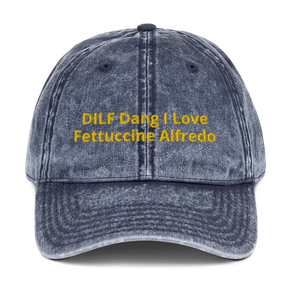 Blue funny DILF dad hat from Nina's Funky Shop by ninanush - This unique DILF dad hat is the perfect hat for foodies and fettuccine Alfredo enthusiasts. It comes in a variety of colors with "DILF Dang I Love Fettuccine Alfredo" embroidered on the front. Stand out, eat pasta and add a little personality to your style in this funny dad hat for fettuccine Alfredo lovers and DILFs.