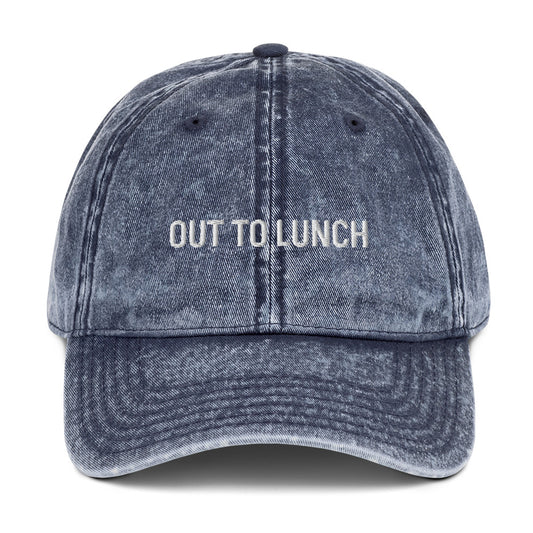 Blue out to lunch dad hat from Nina's Funky Shop by ninanush - Stand out in this vintage style dad hat for foodies, lunch enthusiasts and beyond. It has an adjustable closure and comes in a variety of colors with a the words "out to lunch" expertly embroidered on the front. Eat lunch and live your best life in this comfortable hat, designed by Nina, and made just for you.