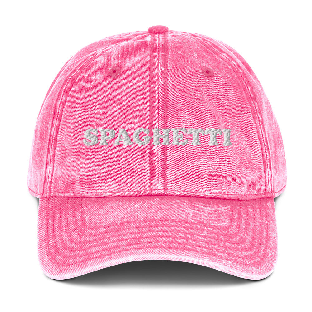 Pink Spaghetti Hat - Love spaghetti? Looking for a funny gift for a pasta enthusiast? This spaghetti hat is just what you need. It's comfortable, has an adjustable closure, and comes in a variety of colors with "spaghetti", expertly embroidered on the front. Eat your favorite pasta in this funny foodie dad hat. Perfect for spaghetti lovers and beyond. Celebrate your favorite foods in our funky foodie clothing and accessories.