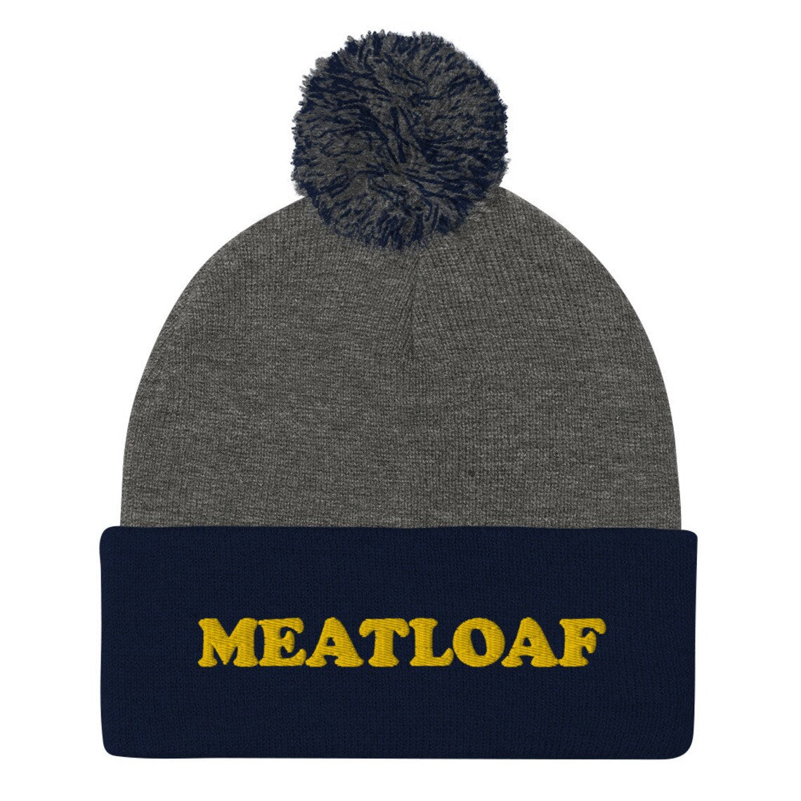 Navy blue and gray meatloaf beanie for weird foodies - Eat meatloaf in style with this funny foodie beanie. It's a unisex embroidered beanie that's perfect for meatloaf enthusiasts of all kinds. If you love meatloaf, this weird foodie hat is a must have. It's warm, cozy, and made just for you. Stay weird in a meatloaf hat or give it as a unique and funny gift for foodies. 