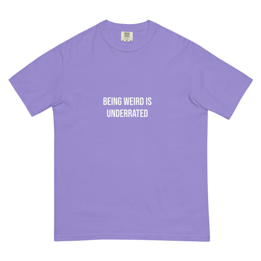 Weird and proud purple tshirt - This Weird is Underrated T-shirt is a funky, colorful tshirt with a message. The heavyweight cotton tshirt encourages self-expression and being different. Stay weird and show the world that being different is something to be embraced and celebrated. It's a unique streetwear everyday t-shirt and cute gift for weird friends.