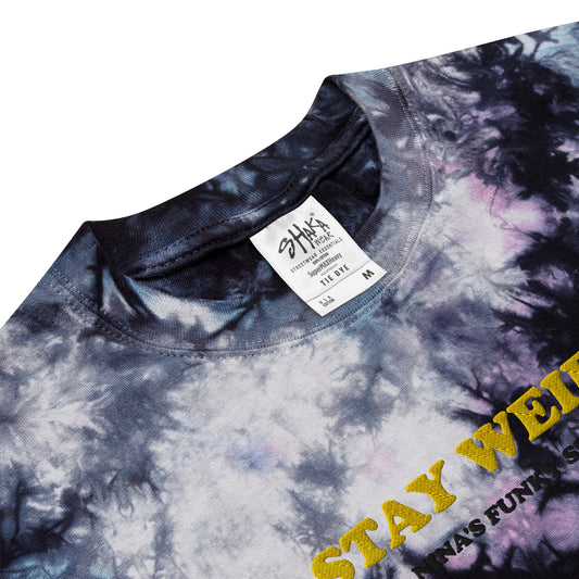 Stay weird in this streetwear essential. The funky t-shirt has "STAY WEIRD" embroidered in yellow and "NINA'S FUNKY SHOP" in black. This oversized tie-dye t-shirt is cool and stylish with a relaxed fit and durable, heavyweight cotton material. Celebrate your individuality in our unique foodie hats, weird t-shirts and more.