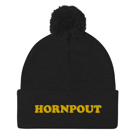 An embroidered "HORNPOUT" beanie with a pom-pom on top. This funky weird beanie is warm and cozy. It's a weird winter fishing hat that's unique & original. The hornpout hat is a weird beanie for fishing and a quirky street wear hat, too. Shop weird hats, funny beanies for foodies, and weird gifts for animal lovers. 