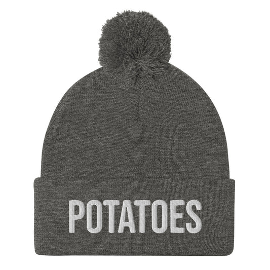Gray potato lover foodie beanie with white embroidery - A unique potato lover beanie for foodies. This weird hat is a classic unisex embroidered foodie beanie. Everyone loves potatoes. Make a statement and celebrate the magic of potatoes in all of it's forms in this potato lover accessory. Or give this foodie beanie hat as a funny gift for foodies and potato enthusiasts.