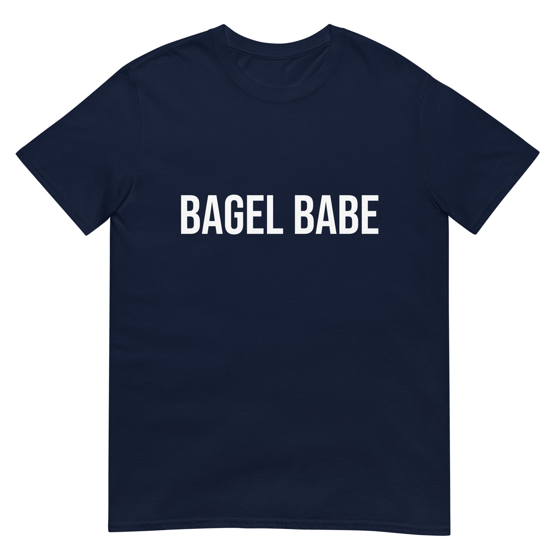 Navy blue bagel babe t-shirt for bagel addicts - Calling all bagel babes! Eat your favorite bagel in style in this unisex funny bagel lover t-shirt. It's soft, comfortable and made just for you. If you love bagels, this bagel babe t-shirt is perfect for every day funky foodie street wear. Or give it as a funny gift for bagel enthusiasts and foodies of all kinds. 